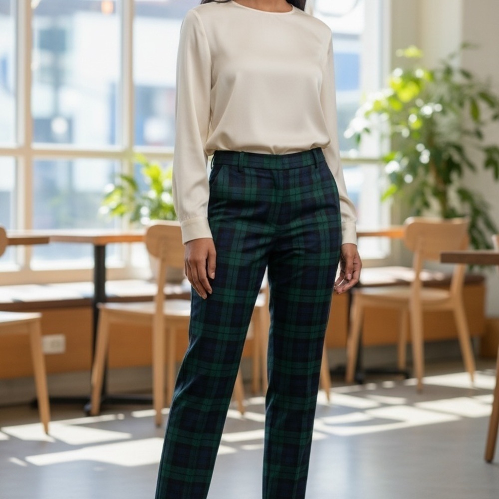 Lands' End Women’s Green Blue Plaid Mid Rise Slim Leg Pants - Size 6